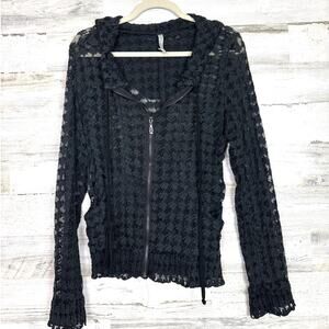 Maria Rerio Women’s L Black Long Sleeve Lace Zip-Up Lightweight Boho Hoodie